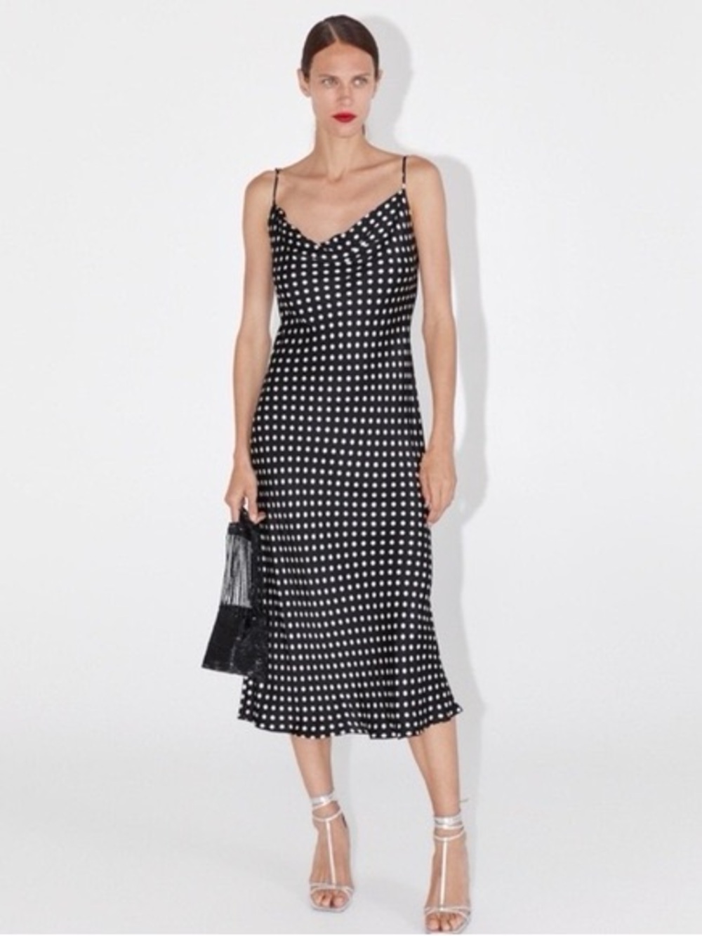 Zara Black and White Polka Dot Midi Slip Dress